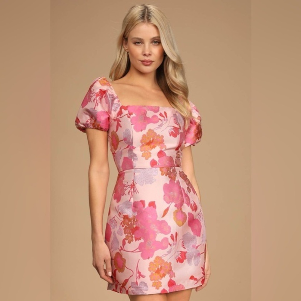 LULU’S SO STUNNING FLORAL JACQUARD PRINT MINI DRESS